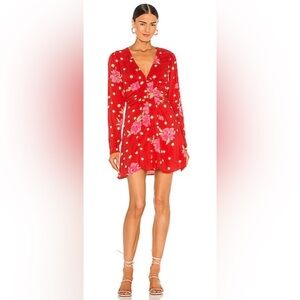 NWT Free People Long Sleeve Button Loop Ruched Mini Dress Strawberry Combo TB5